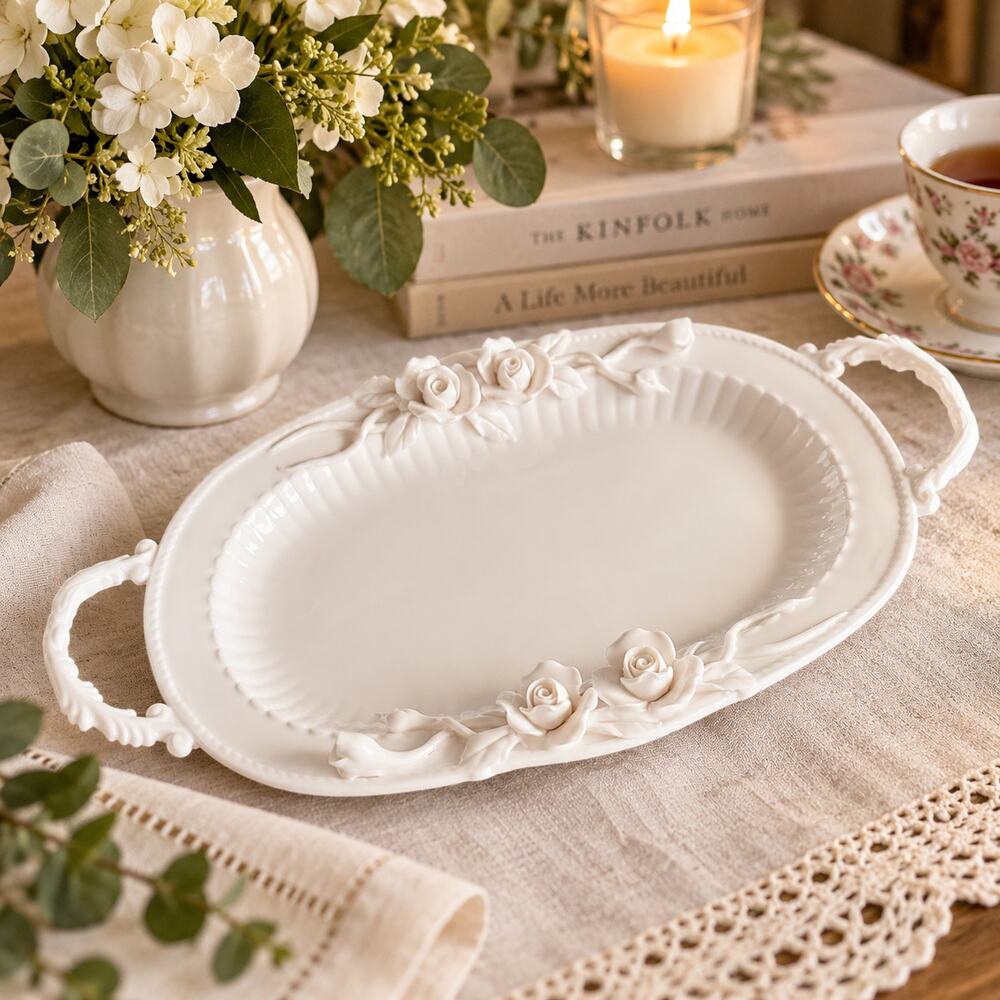 Grace Tea Ware White Porcelain Serving Tray Applied Roses Double Handle 12"